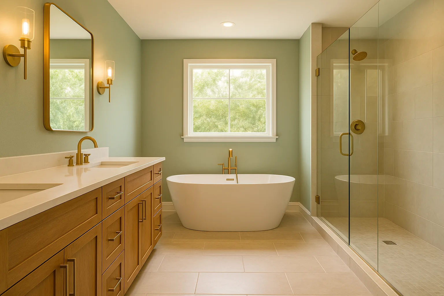 Full master bathroom remodel with double vanity and freestanding tub in Palm Harbor