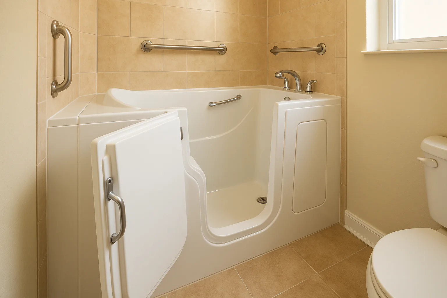 Walk-in tub installation with grab bars in a Largo bathroom