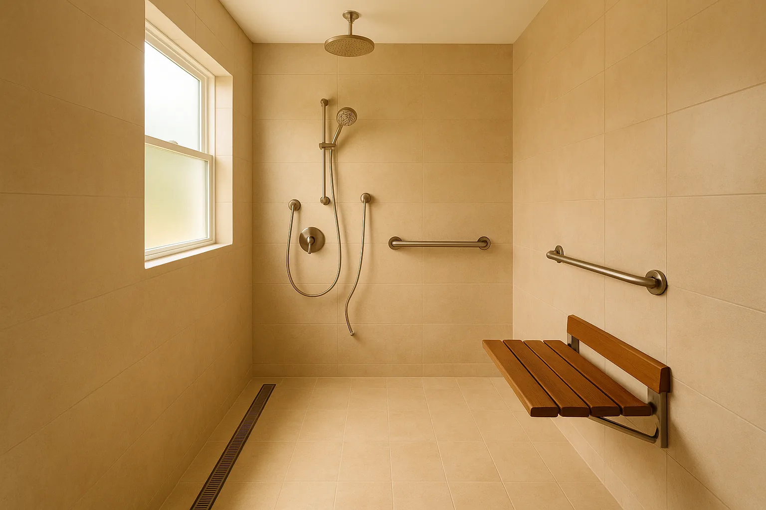 Zero-entry walk-in shower with teak bench and linear drain, completed in Island Estates