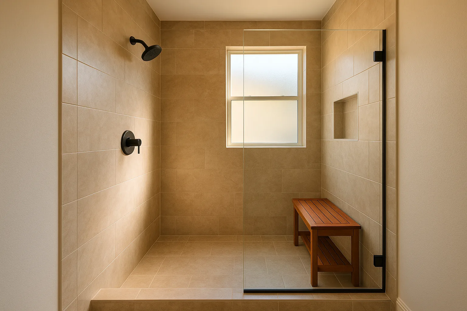 Finished walk-in shower with large-format tile and frameless glass by Gulfstone Bath