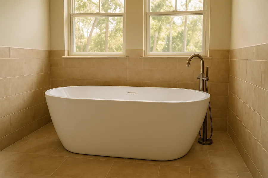 New freestanding soaker bathtub in a remodeled bathroom