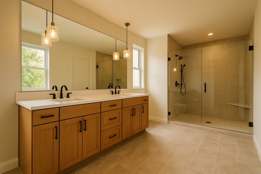 Complete master bathroom remodel with double vanity and glass shower