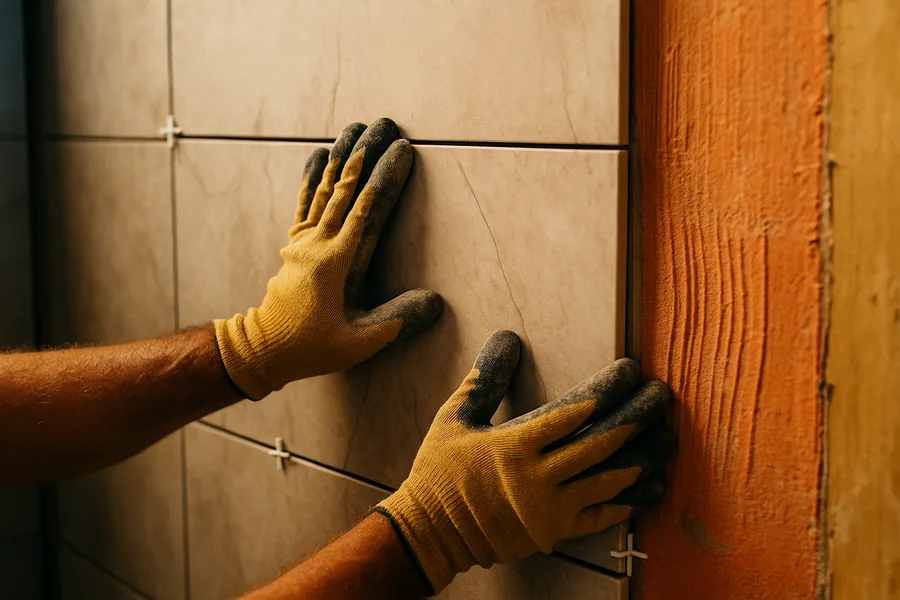 Installer setting large-format porcelain tile on a waterproofed shower wall