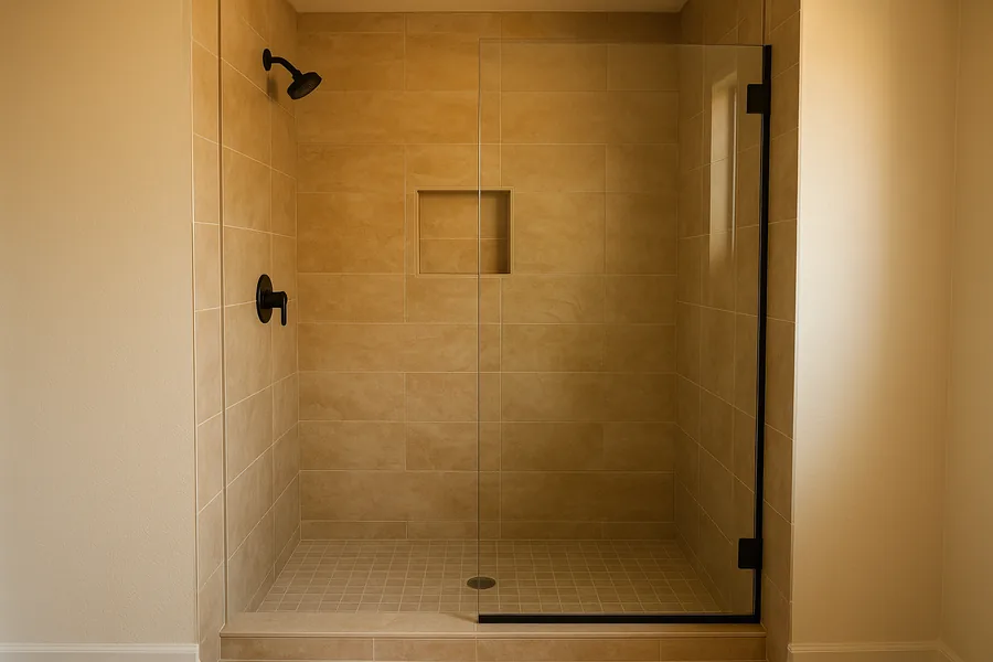 Finished tub-to-shower conversion with walk-in shower and glass panel