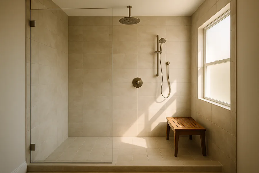 Curbless walk-in shower with frameless glass and rain shower head