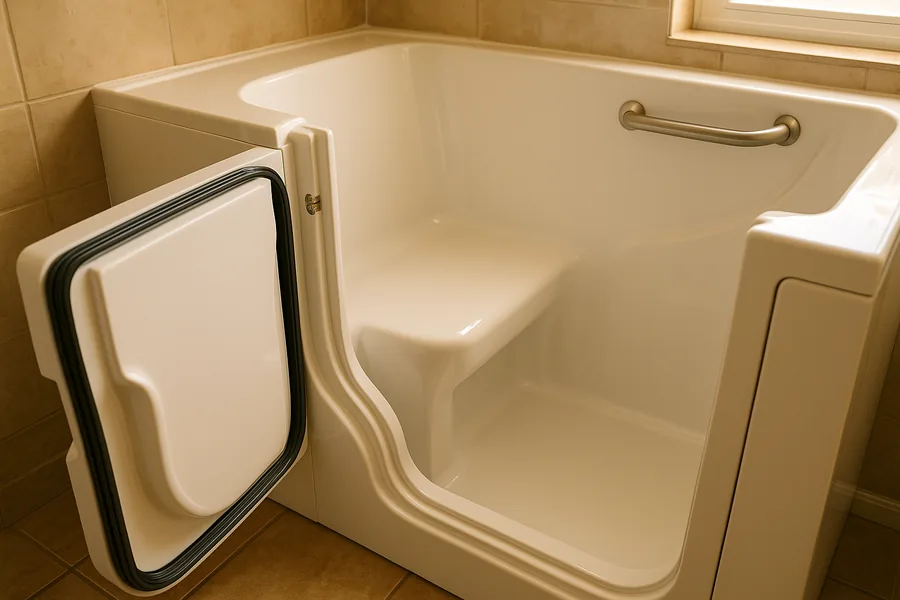 Walk-in tub with open door showing the watertight seal and built-in seat