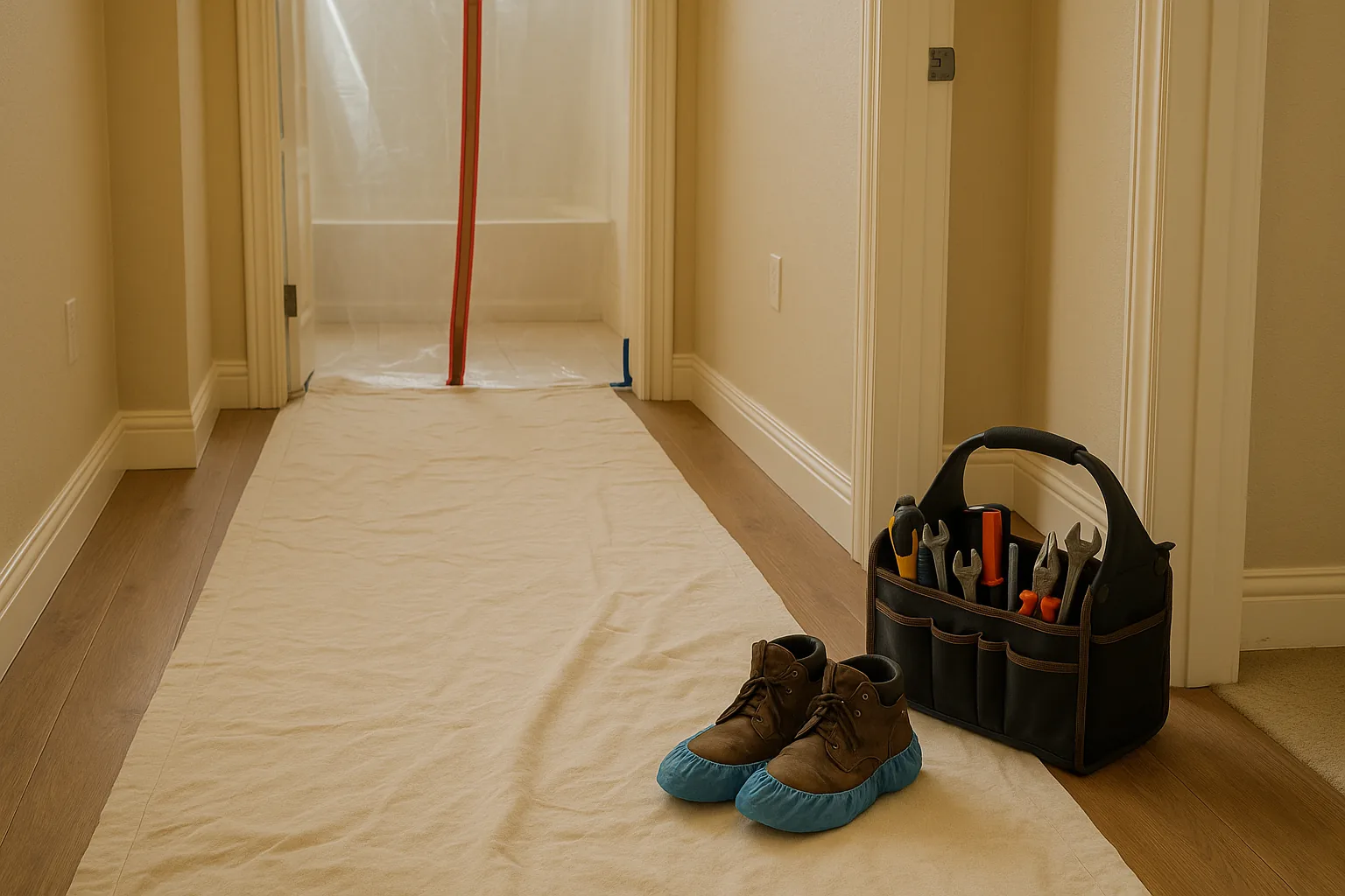 Protected worksite with drop cloths and sealed dust barrier during a Gulfstone Bath remodel